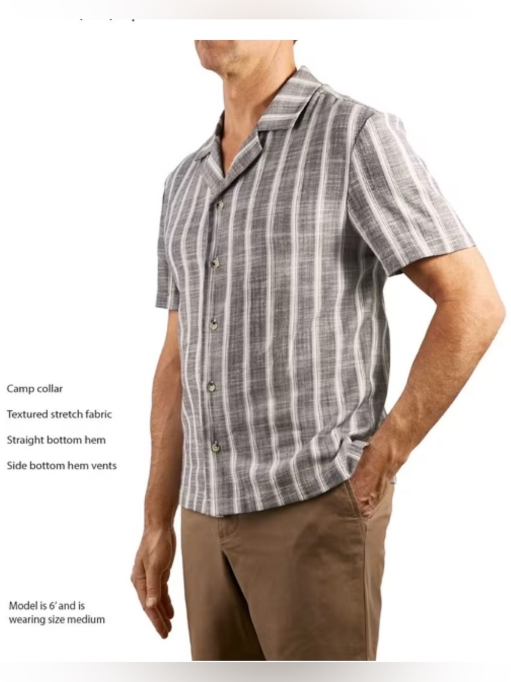Sperry Gray and White Camp Collar Striped Short-Sleeve Button-Down Shirt